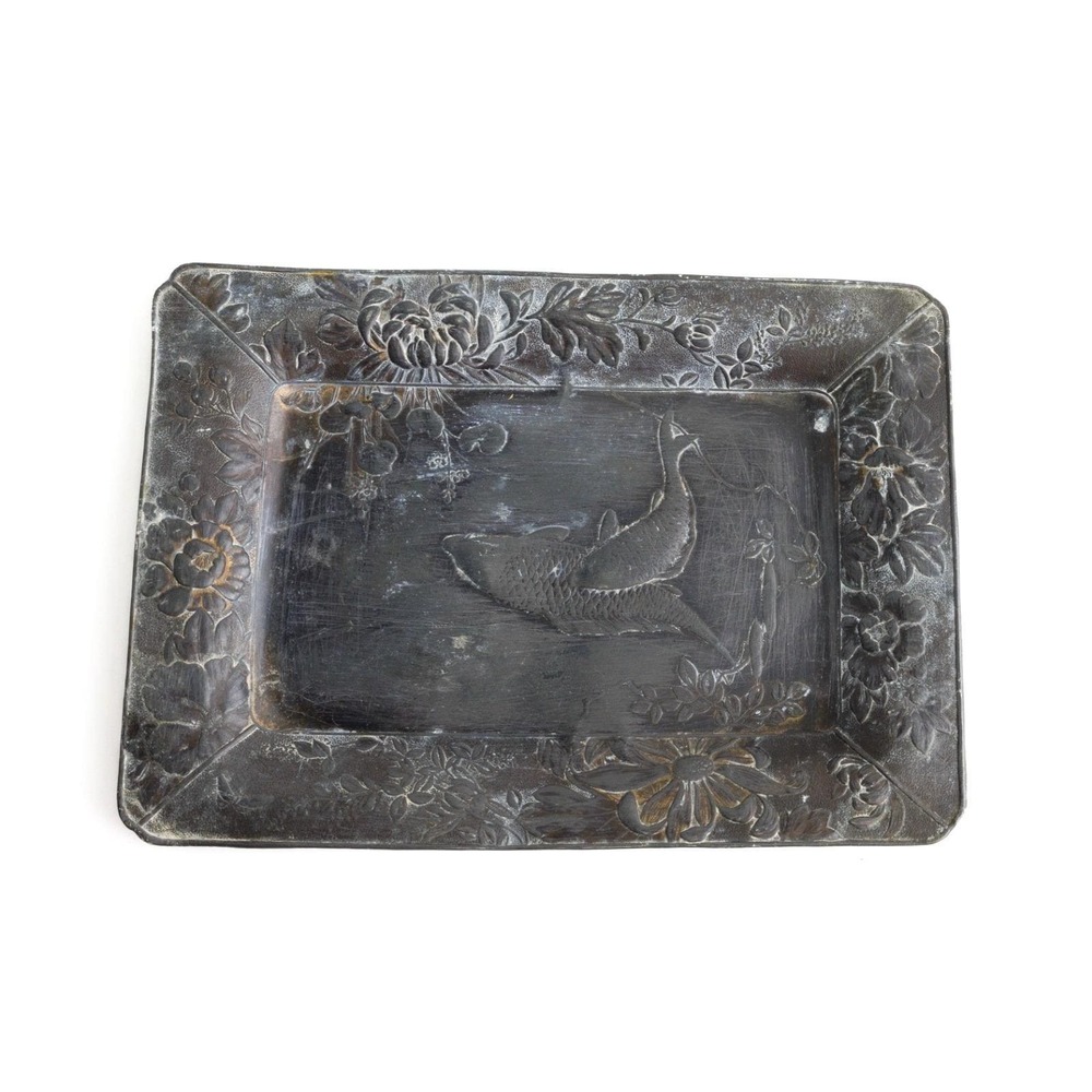 Vintage Koi Fish Silver Plated Tray Vanity Dish Catch-All Distressed Asian Decor